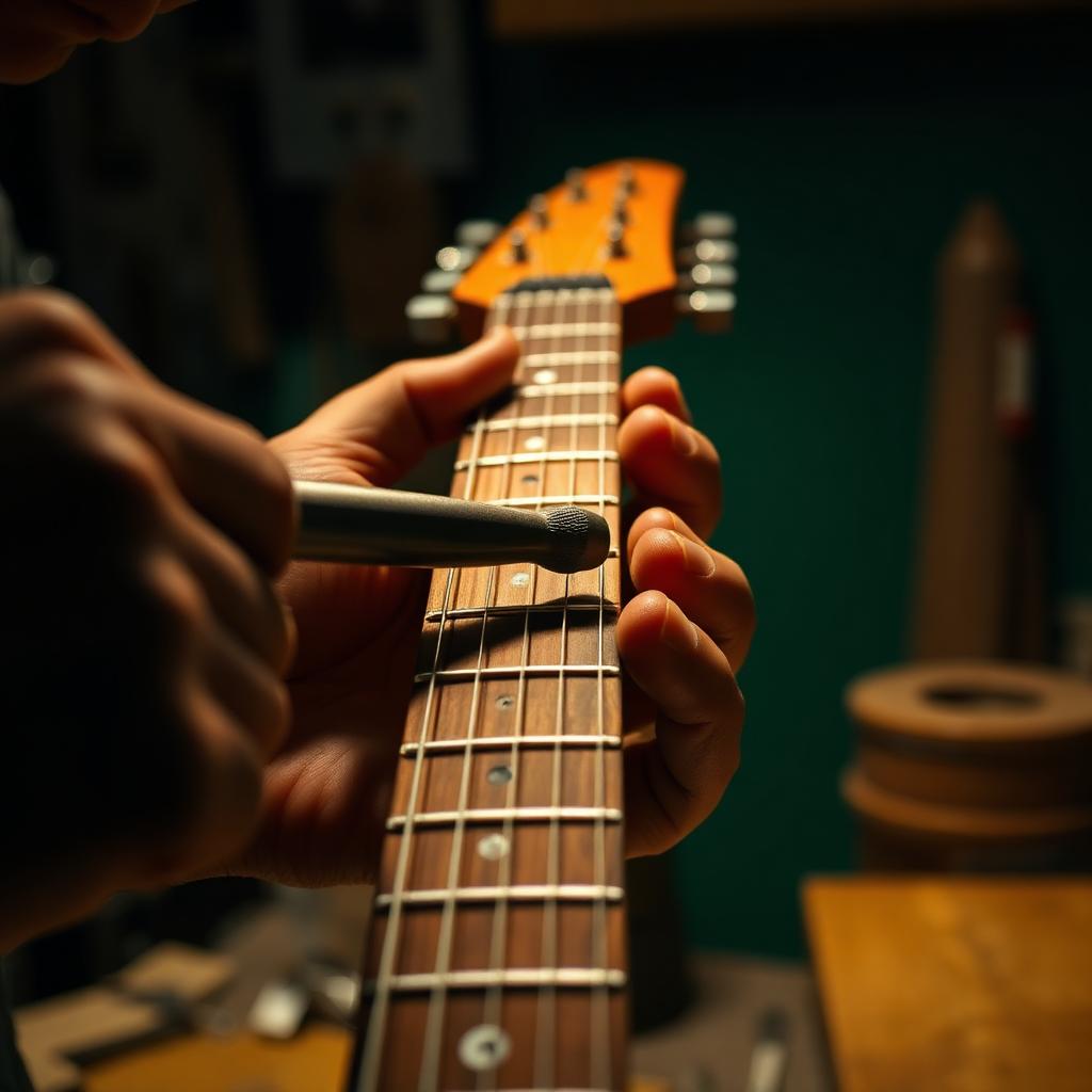Detalle del trabajo en la guitarra eléctrica